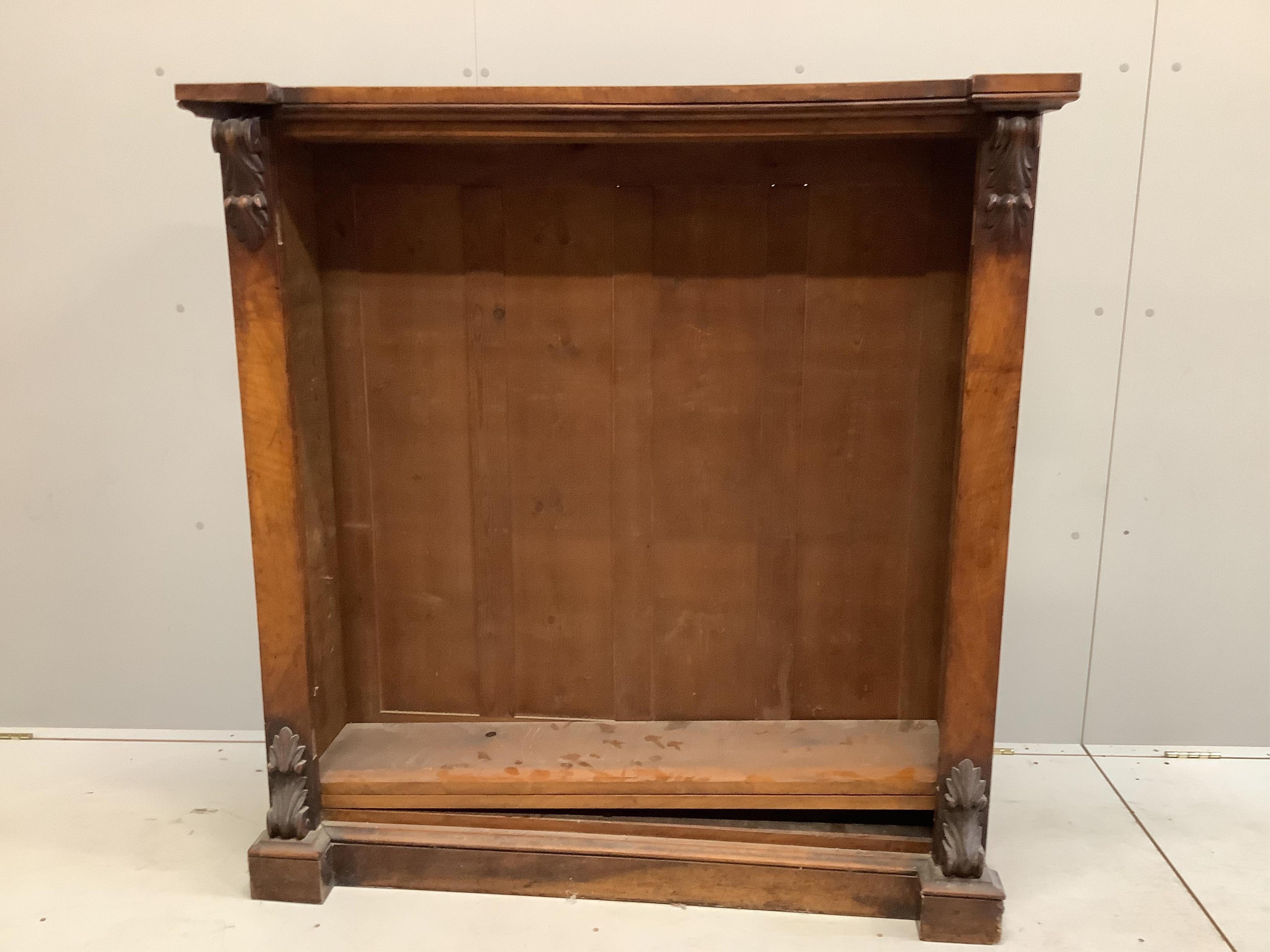 A Victorian walnut open bookcase, width 120cm, depth 32cm, height 126cm. Condition - fair